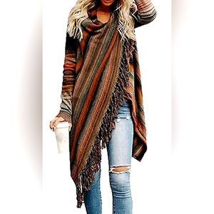 Open Front Knited Slash Loose Cardigan Crew Neck Speckled Fringe Sweater Outwear